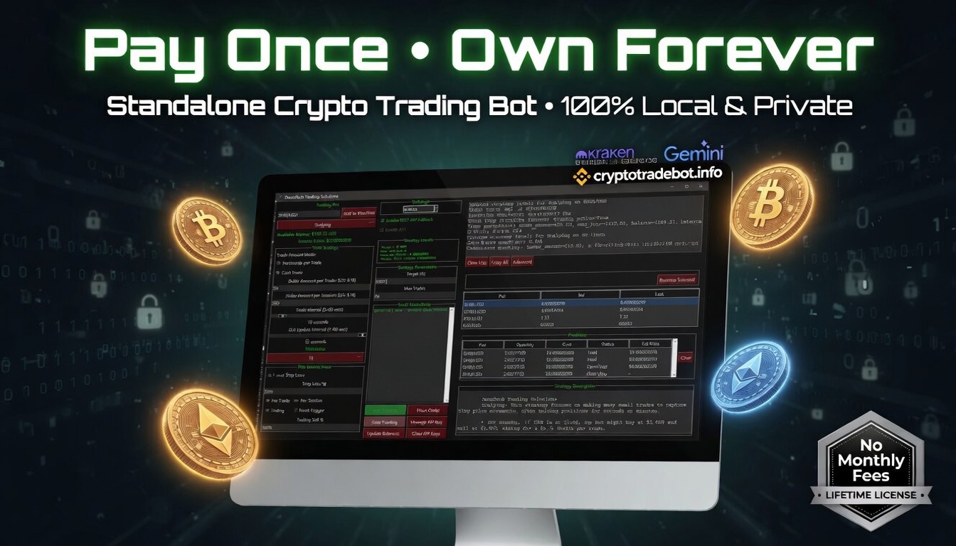 DennTech standalone crypto trading bot versions and lifetime license pricing for Kraken, Binance.US and Gemini