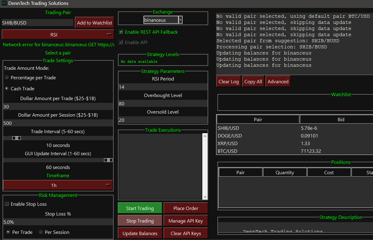 “DennTech Crypto Trading Bot – RSI Strategy, Trend Following, and Mean Reversion interface”