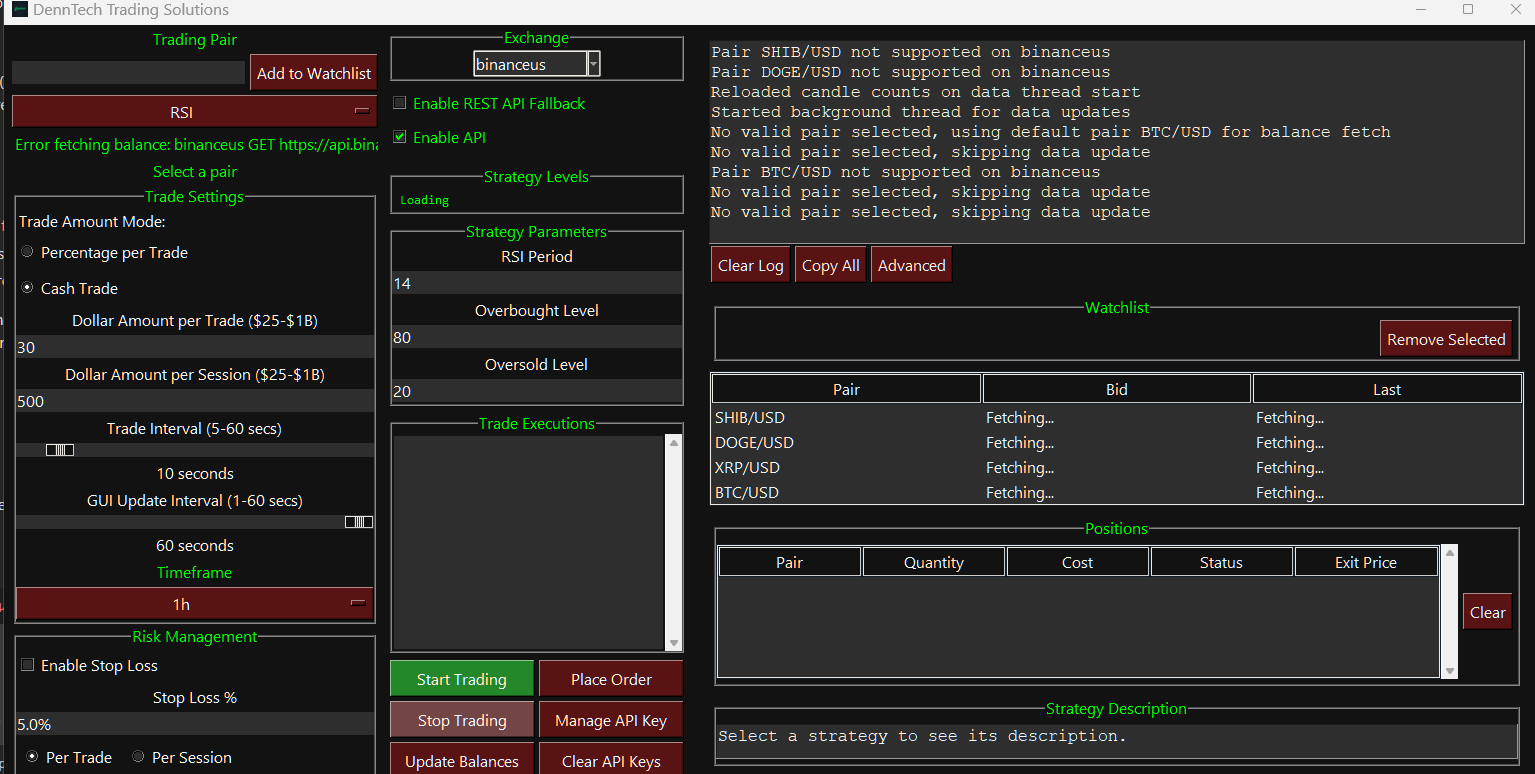 “DennTech Crypto Trading Bot – RSI Strategy, Momentum Trading, and MACD indicators screenshot”