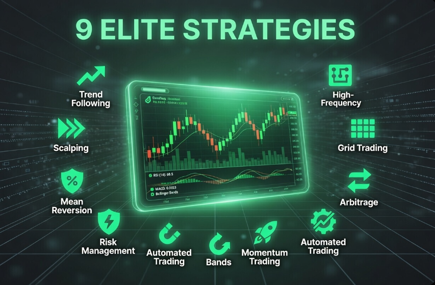 (9 Elite Strategies) Suggested Alt Text: Access to 9 elite trading strategies including RSI, MACD, scalping, grid trading, arbitrage and more in one license