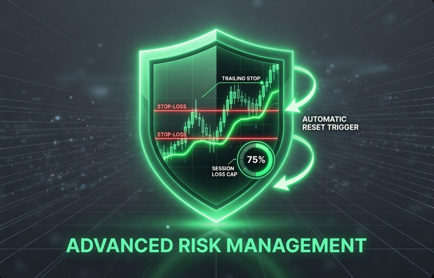 (Advanced Risk Management) Suggested Alt Text: Advanced risk management with per-trade stop loss, session caps, trailing stops, and automatic reset trigger - built-in protection for your crypto trading bot