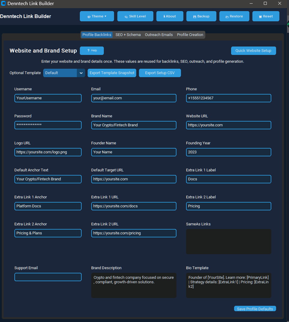 DennTech SEO Backlink Builder desktop application screenshot