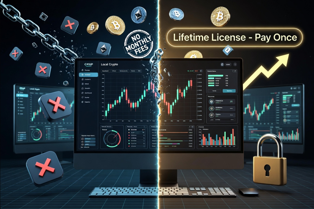 Crypto trading bot on desktop showing lifetime license vs subscription costs. Features secure local trading interface