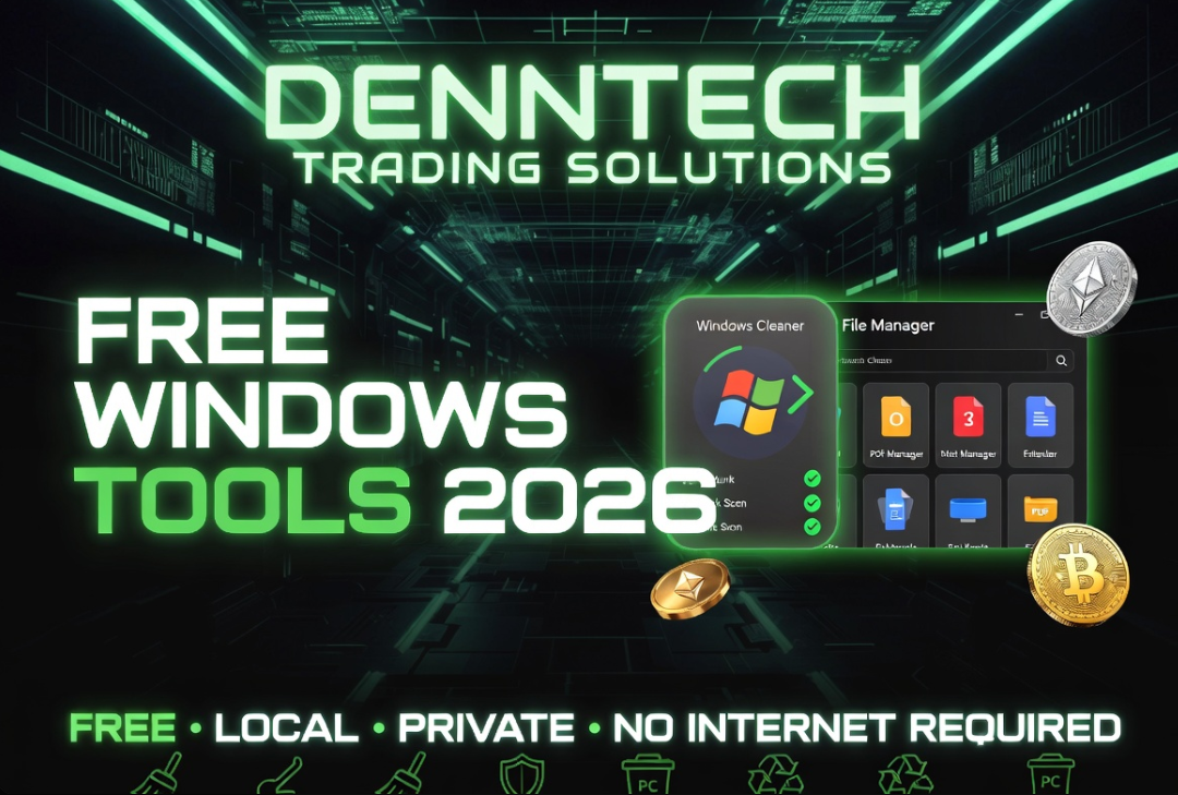 DennTech free desktop apps suite featuring cleaner, file manager, SEO, image, PDF, and trading support tools.