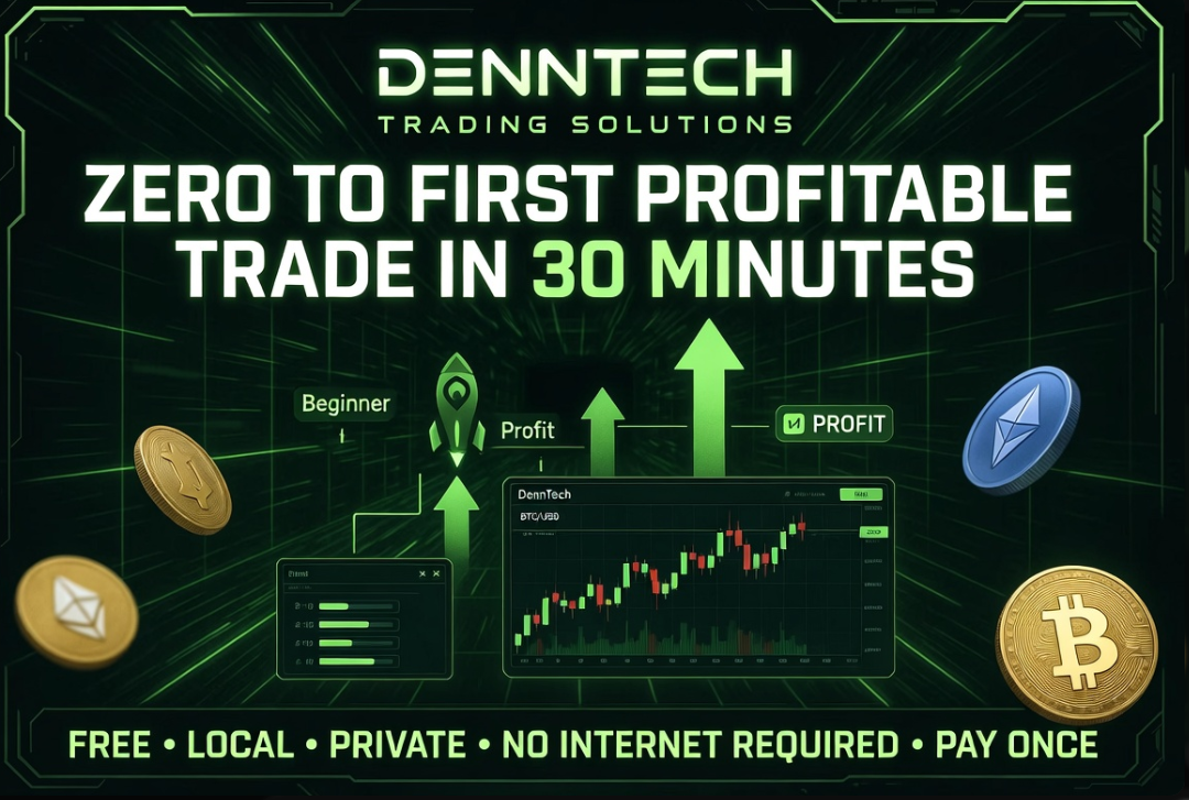 "Denntech Trading Solutions: Zero to First Profitable Trade in 30 Minutes. Local desktop crypto trading bot tutorial."