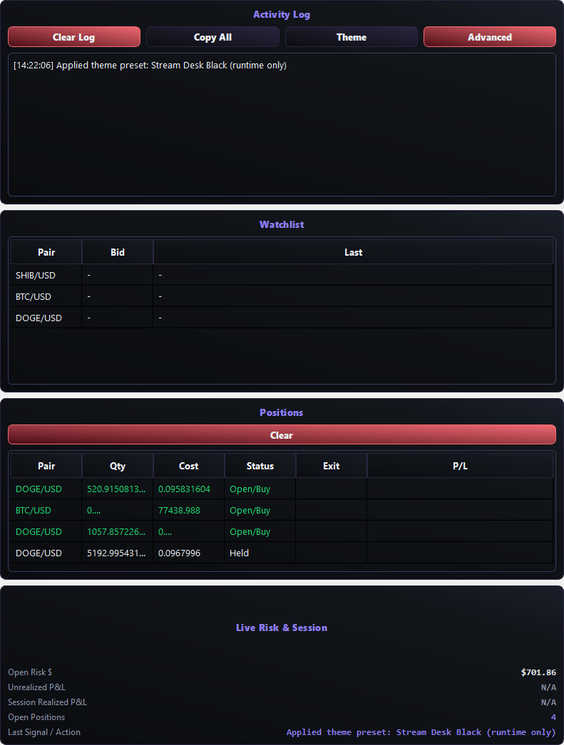 DennTech desktop crypto trading bot versions and lifetime license pricing for Kraken, Binance.US and Gemini