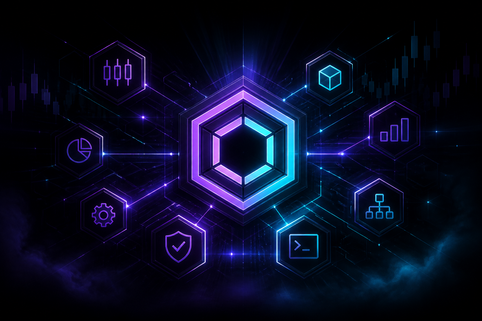DennTech Crypto Suite abstract toolkit hero — black with purple and cyan accents